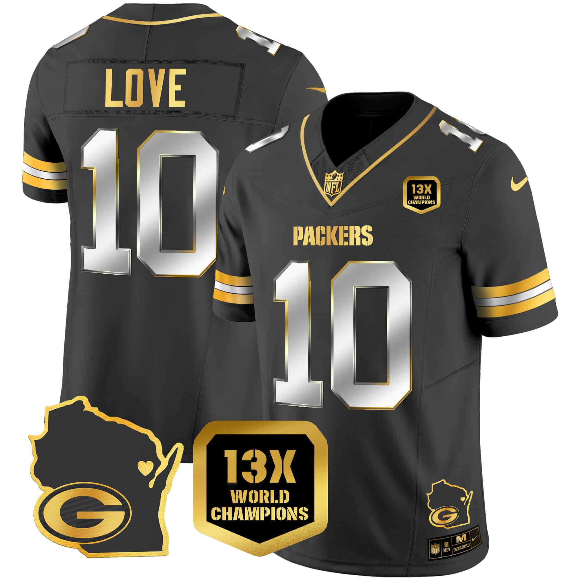Men Green Bay Packers 10 Love Black Gold 2024 Nike World Champions Home Patch Vapor NFL Jersey style 1